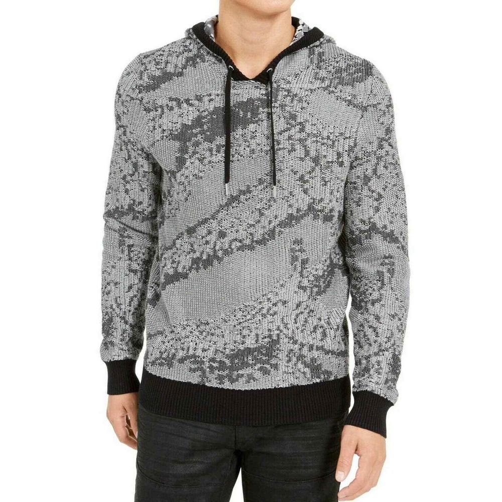 INC Mens Pattern Knit Hoodie Long Sleeve Novelty Table Harbor Grey XL